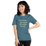 The Harder You Work, the Luckier You Get heather deep teal quotation t-shirt short sleeve