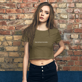 Stop Staring at my Boobs heather olive women's crop tee